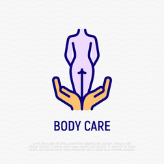 Body care thin line icon. Women's silhouette in hands. Cosmetic procedure in spa salon. Modern vector illustration.