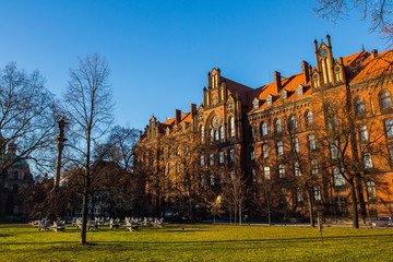 Ancient building in the historic center of Wroclaw at sunset. Poland