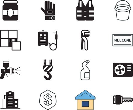 home vector icon set such as: granite, graphic, currency, welder, worker, cool, interface, welcome, rug, garbage, defend, shield, thin, password, lift, painter, bathroom, interior, urban, support