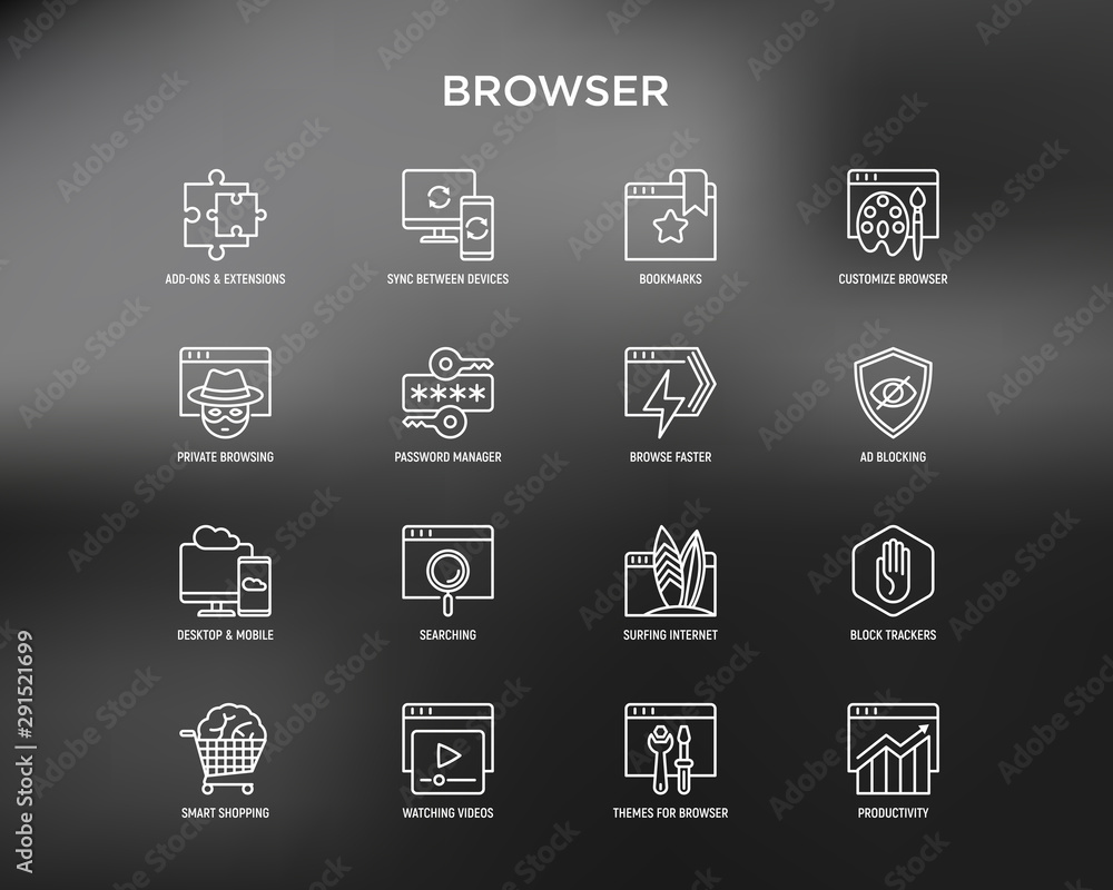 Poster browser thin line icons set: add-ons, extension, customize browser, sync between devices, bookmark, 