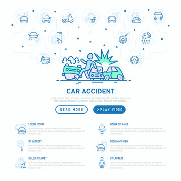 Car accident web page template with thin line icons set: crashed cars, tow truck, drunk driving, safety belt, traffic offense, car insurance, falling in water, warning triangle. Vector illustration.