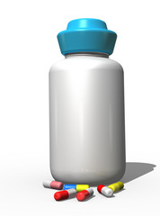 3d Medizinische Flasche mit Tabletten, freigestellt