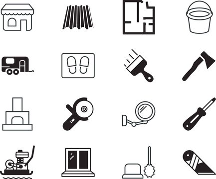 home vector icon set such as: fashion, filling, compactor, vacancy, ribbed, toilet, paint, wide, pattern, store, bristle, storefront, retail, ax, travelling, paper, supermarket, machinery, pictogram
