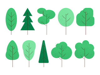Set of simple flat textured trees от white background. Abstract stylized plant silhouette icons. Vector illustration.