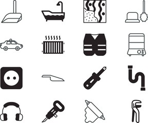 home vector icon set such as: headphone, heating, bowl, insurance, cook, double, dig, contractor, earphone, heater, music, tube, diet, round, old, car, vest, central, wc, theft, steel, ppe, natural