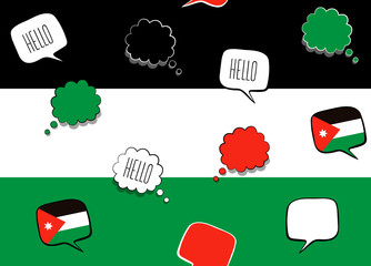 Seamless background with flag of Jordan and speech bubbles with greeting in English. Vector illustration