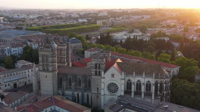 Cathedral Montpellier with beautiful sunset aerial France