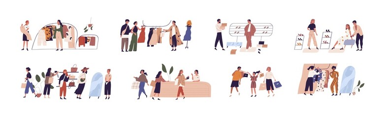 People shopping flat vector illustrations set. Happy boutique customers and friendly sellers cartoon characters. Clothing sale, consumerism concept. Garments shop, apparel retail business. - obrazy, fototapety, plakaty