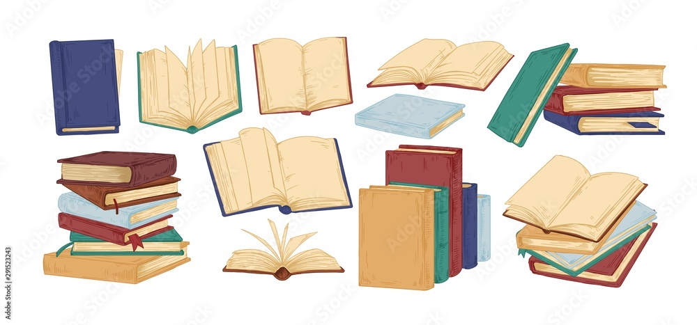 Aufkleber books hand drawn vector illustrations set. blank textbooks, hardbacks with empty pages isolated on w