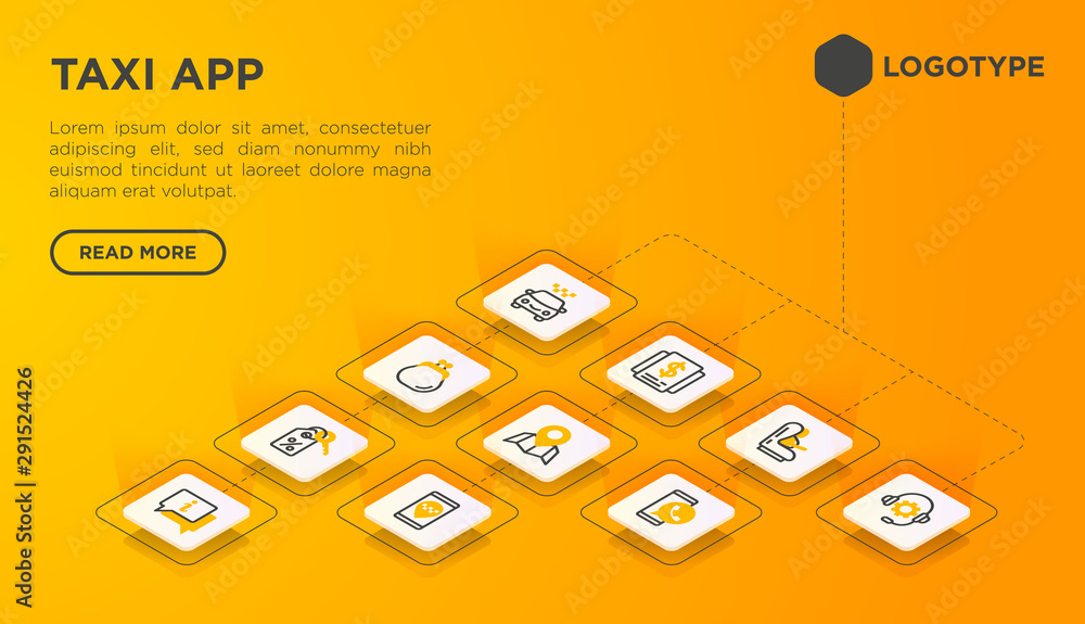 Poster taxi app web page template with thin line isometric icons: payment method, promocode, app settings, 