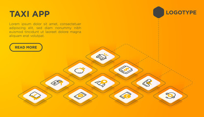 Taxi app web page template with thin line isometric icons: payment method, promocode, app settings, info, support service, pointer, route, destination, airport transfer, baby seat. Vector illustration