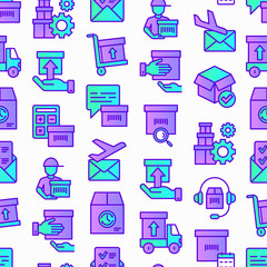 Express delivery seamless pattern with thin line icons: parcel, truck, out for delivery, searching of shipment, courier, sorting center, dispatch, registered, delivered. Modern vector illustration.