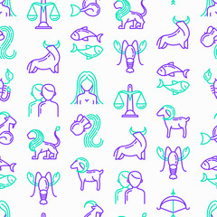 Horoscope seamless pattern with thin line icons. Zodiac signs: capricorn, aquarius, aries, pisces, virgo, libra, scorpio, sagittarius, taurus, gemini, leo. Modern vector illustration.