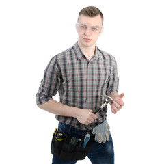 Engineer. Young attractive guy and tools.