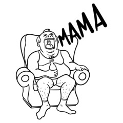 disgusting fat man Sitting on a chair in underwear, holding a beer bottle in his hand and screaming for your mom.  Emotions, alcoholics, outline, monochrome.