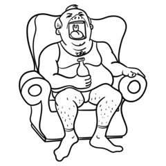 disgusting fat man Sitting on a chair in underwear, holding a beer bottle in his hand and screaming.  Emotions, alcoholics, outline, monochrome.