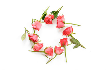 pink roses laid in a ring isolated with shadows on a white background, love concept with copy space, high angle view from above