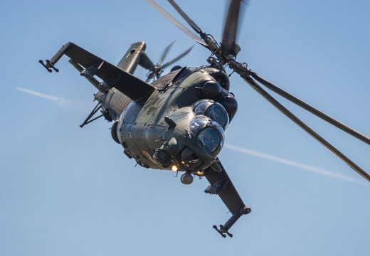 Swidwin, Poland-June 2019: Combat helicopter Mi-24 Polish Air Force during a training flight