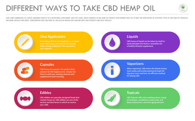 Different Ways to Take CBD Hemp Oil horizontal business infographic illustration about cannabis as herbal alternative medicine and chemical therapy, healthcare and medical science vector.