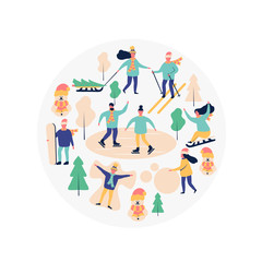 Fototapeta premium Holiday frame with people skating, sledding, skiing. Women and men having fun in the outdoor park.