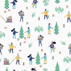 Christmas seamless pattern with people decorating xmas tree. Women and men with gifts for holiday. Mistletoe floral background.