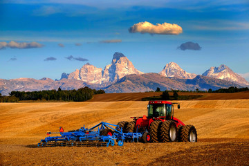 Naklejka premium Tractor Farming Ground Harvesting Crops in Fall Autumn Teton Mountains Rugged