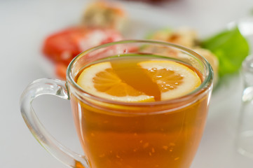 Lemon slices in the tea.