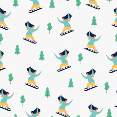 Winter sports seamless pattern with happy girl sledding in the park. 