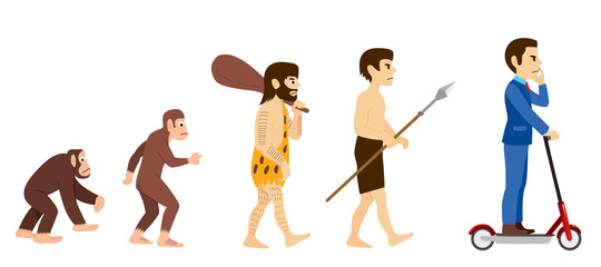 Human evolution from primitive monkey to modern businessman riding scooter
