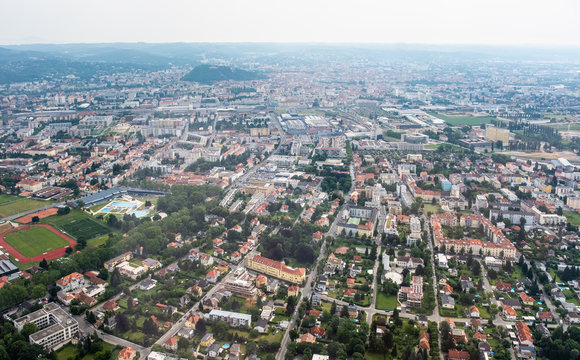 City Graz aerial view with district Eggenberg and swimming pool