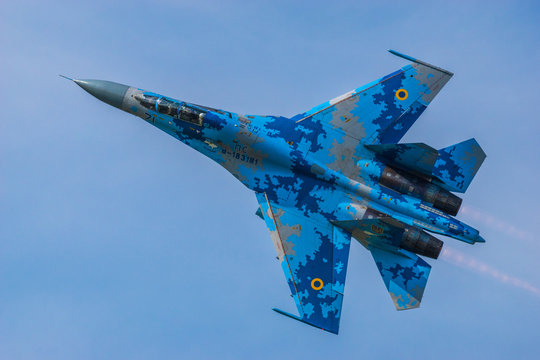 Radom, Poland-August 2018: Su 27 fighter aircraft Ukrainian air forces during aerobatic training before aviation shows in Radom