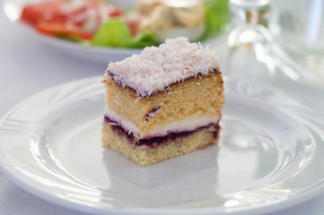 Delicious cake with coconut flakes on top.