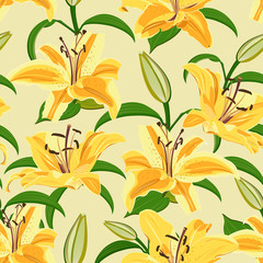 Lily flower seamless pattern on yellow background, Yellow lily floral vector illustration