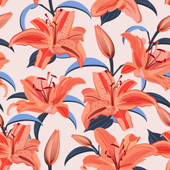 Lily flower seamless pattern on pink background, Orange lily floral vector illustration
