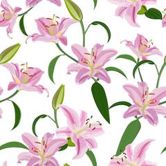 Lily flower seamless pattern on white background, Pink lily floral vector illustration