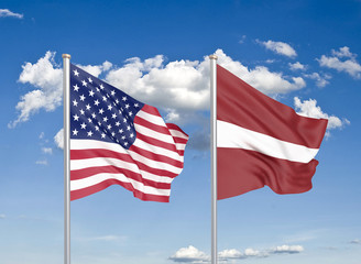 United States of America vs Latvia. Thick colored silky flags of America and Latvia. 3D illustration on sky background. - Illustration