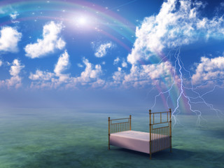 Fototapeta na wymiar Infinite Dream. Bed in fantasy landscape