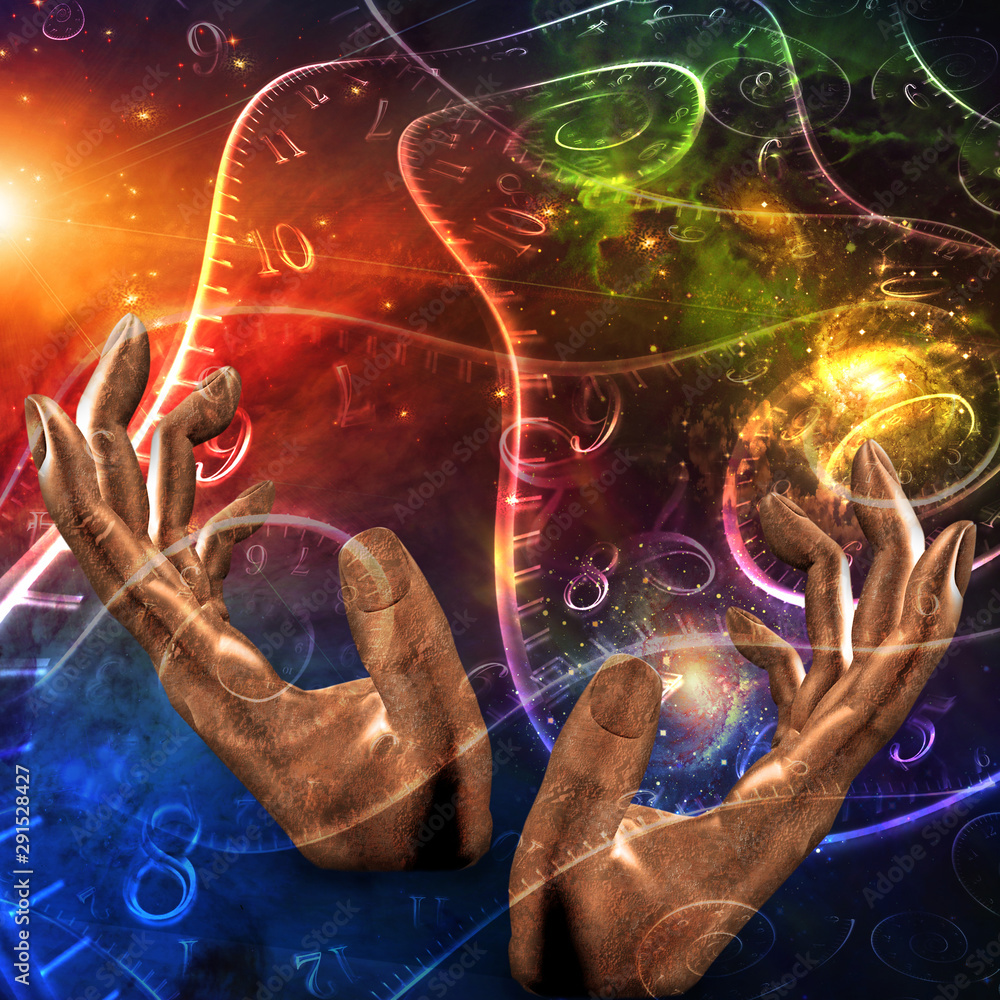 Poster hands manipulate space time and matter. physics. surreal art