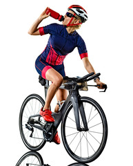 Fototapeta na wymiar one caucasian woman practicing triathlon triathlete ironman studio shot isolated on white background