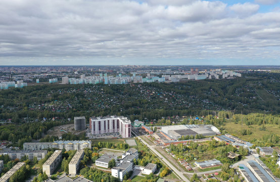 panorama of the Oktyabrsky district, on the horizon microdistrict MZHK, the city of Novosibirsk, Russia, month of September