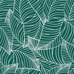 Square seamless poster with abstract white leaves pattern at green background.