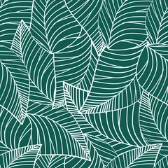 Quadratisches, nahtloses Poster mit abstraktem Muster aus weißen Blättern auf grünem Hintergrund. © Who is Danny