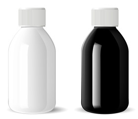 Glossy glass bottle. Medical cosmetic vial mockup. Realistic pharmacy vitamin jar. Supplement container illustration. Milk white bottle with plastic lid. Pharmaceutical syrup jar. Cylinder pack