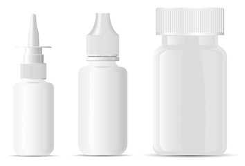 Nasal dropper bottle. Supplement pill package. Clean 3d container for medicine eye drop. Pharmacy medication packaging. Nozzle antiseptic liquid sprayer. Aerosol tube allergy product. Medical drug - obrazy, fototapety, plakaty
