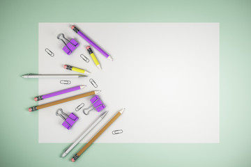 Education concept with purple clips and pencils on blank white sheet for copyspace, mock up.