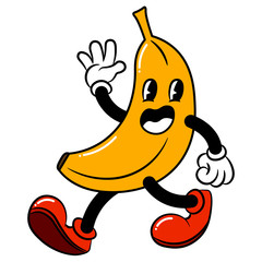 vector image, character, mascot, kawaii, kawaii food. Humanization of the subject, banana, fruit with legs and arms and face, ankle boots and gloves. Character design for the game. Print for poster.