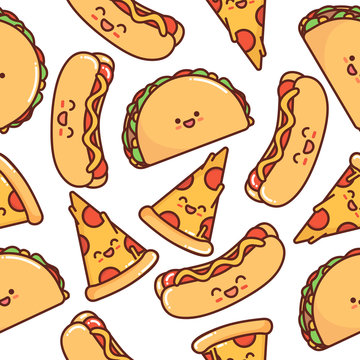  Vector image, seamless pattern. Print tacos, hot dog, a slice of pizza. Fast food, unhealthy, junk, greasy food. Shameless image for fabric or textile, poster, banner, for snack bar. Kawaii food.