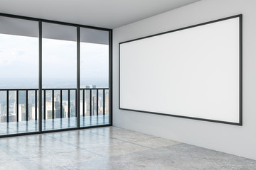 Blank big white mock up poster on white wall in modern empty spacious hall with city view.