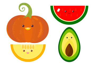 cute digital set of a kawaii watermelon, melon, pumpkin and avocado. Children style.