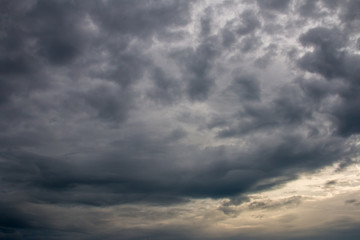 Background of Dark ominous grey storm clouds. Dramatic sky